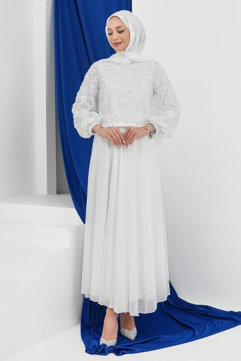 Ekru Boncuk İşlemeli Abiye
