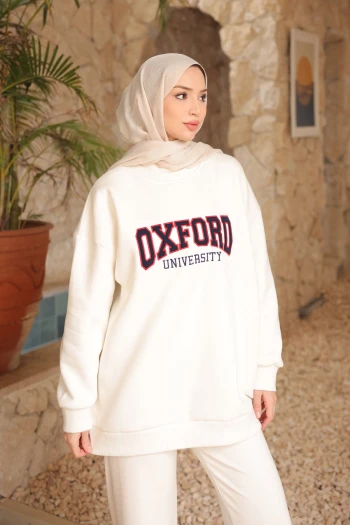 Ekru Sırt Fermuarlı Üç İplik Şardonlu Oversize Sweatshirt
