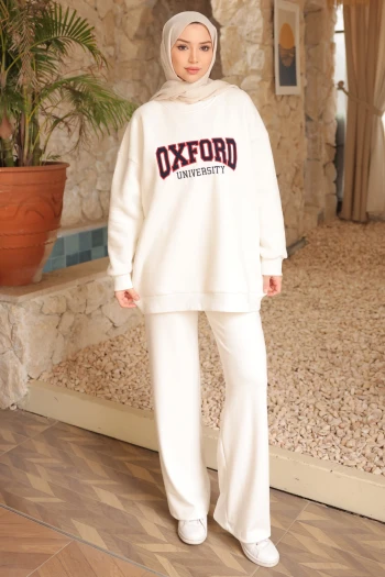 Ekru Sırt Fermuarlı Üç İplik Şardonlu Oversize Sweatshirt