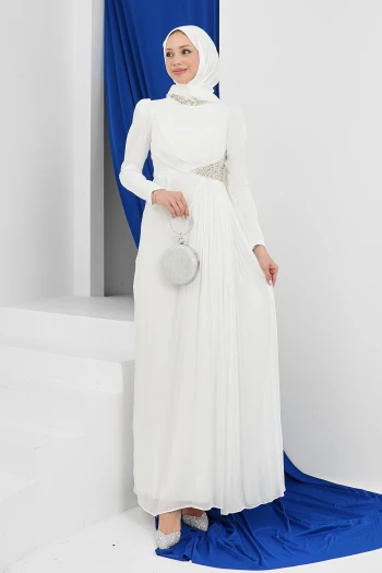 Ekru Yaka Bel Taşlı Abiye