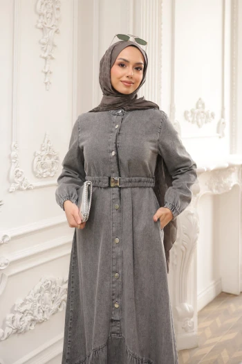 Füme Düğmeli Lastik Kemerli Kot Elbise