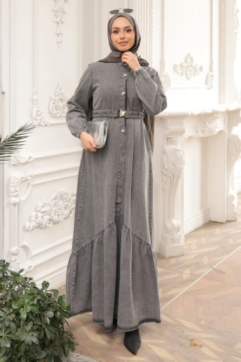 Füme Düğmeli Lastik Kemerli Kot Elbise