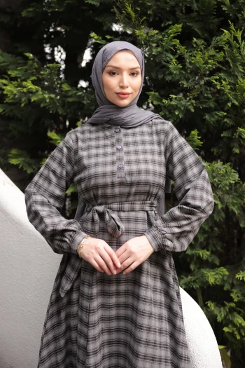 Füme Ekose Desenli Kuşaklı Elbise