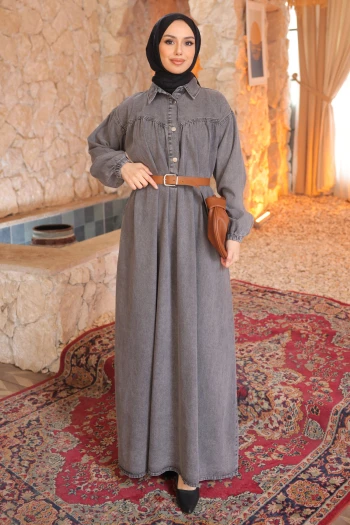 Füme Kol Lastikli Kemerli Kot Elbise