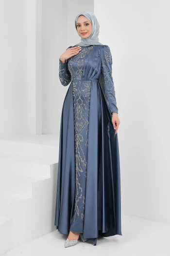 Füme Önü Taşlı Saten Abiye