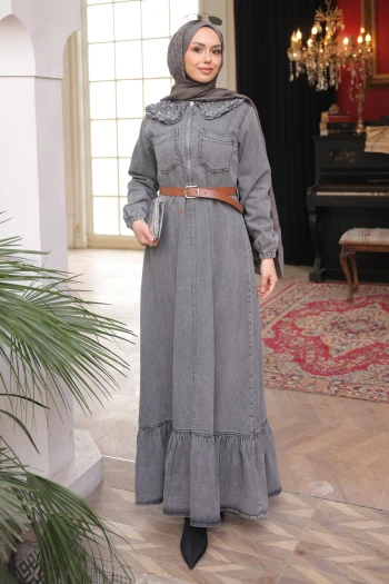 Füme Yaka Taşlı Yarım Fermuarlı Kemerli Kot Elbise