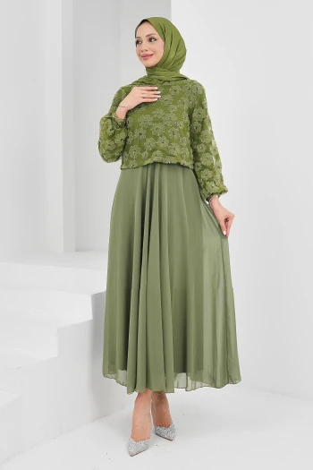 Haki Boncuk İşlemeli Abiye