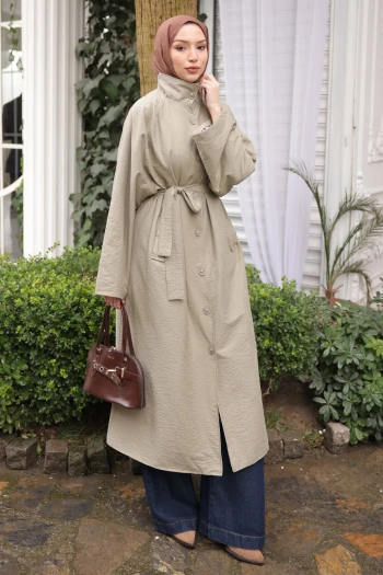 Haki Cepli Kuşaklı Oversize Trençkot