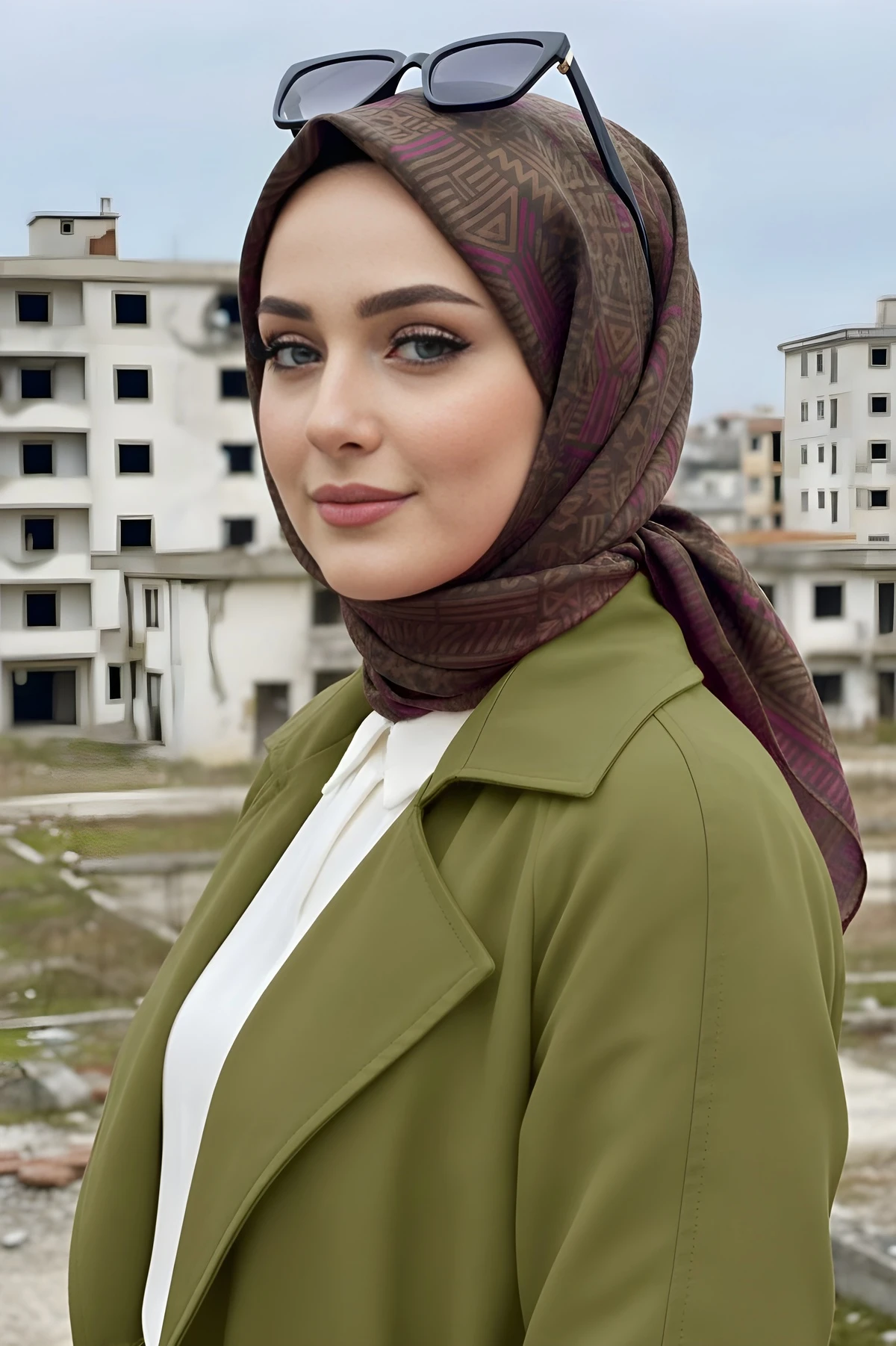 Haki Fuşya Silk Home Soft Dijital Pamuklu Eşarp