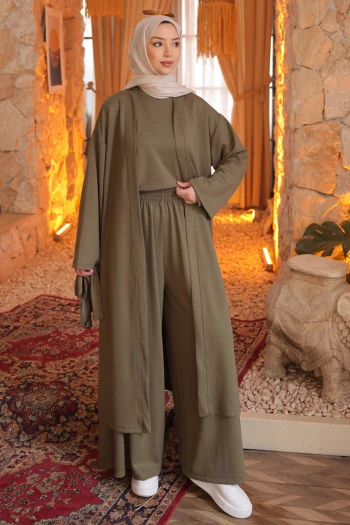 Haki Hırka Sweat Pantlonlu Geniş Kalıp 3'lü Modal Takım