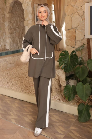 Haki Kapüşonlu Renk Bloklu Tunik Pantolonlu Takım