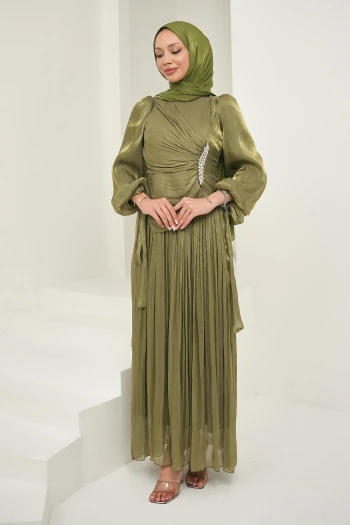 Haki Önü Taş Detaylı Kol Bağlamalı Abiye