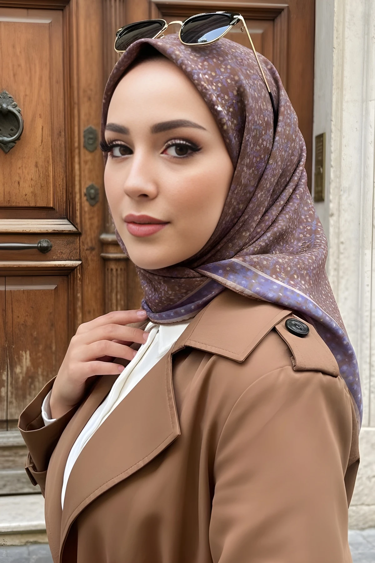 Kahve Lila Soft Dijital Pamuklu Eşarp