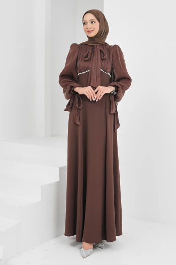 Kahverengi Balon Kol Taş Detaylı Abiye