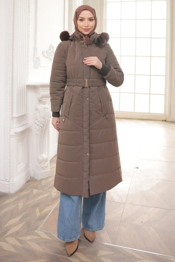 Kahverengi Büyük Beden Kapüşonlu Şişme Mont