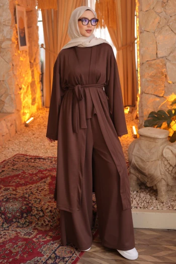 Kahverengi Hırka Sweat Pantlonlu Geniş Kalıp 3'lü Modal Takım