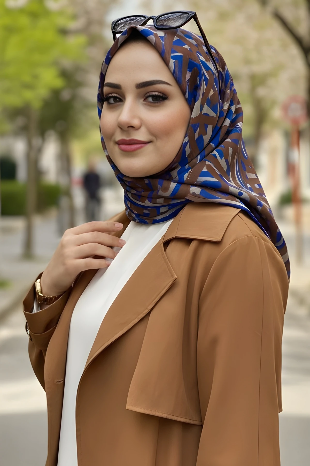 Kahverengi Saks Soft Dijital Pamuklu Eşarp