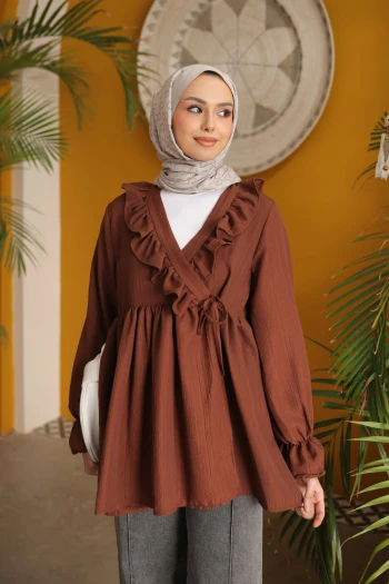 Kahverengi Yaka Fırfırlı Yan Bağlamalı Kol Lastikli Tunik