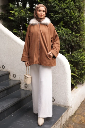 Kahverengi Yaka Kürk Detaylı Süet Ceket