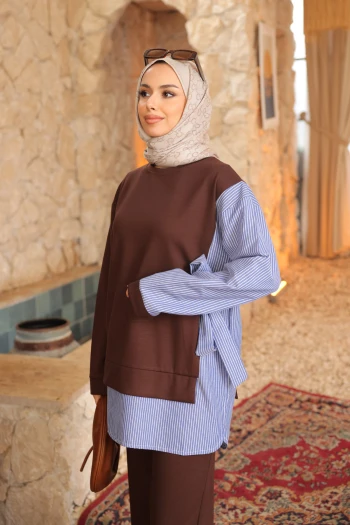 Kahverengi Yan Bağlamalı Modal Tunik Pantolon Takım