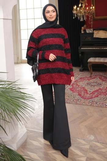 Kırmızı Simli Çizgili Triko Kazak