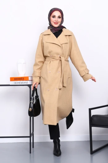 Koyu Bej Kruvaze Yaka Kuşaklı Kaşe Kaban