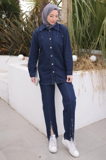 Koyu Mavi Taşlı Ceket Pantolonlu Kot Takım