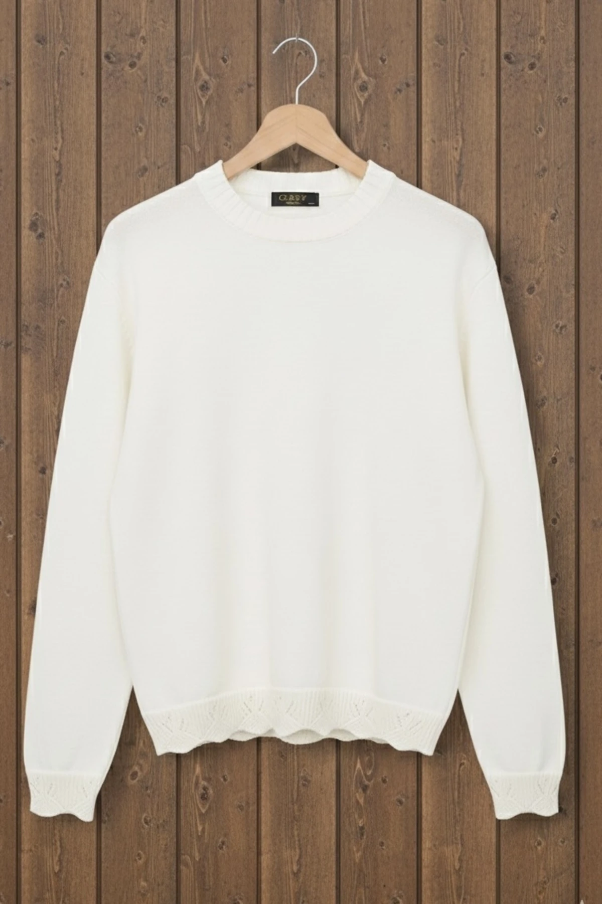 Krem Bisiklet Yaka Kol Ve Etek Ucu Güpür Detaylı Triko Kazak