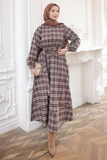 Krem / Kahverengi Ekose Desenli Kuşaklı Elbise
