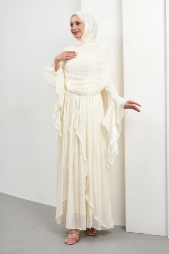 Krem Seyyar Pelerinli Fırfırlı Abiye