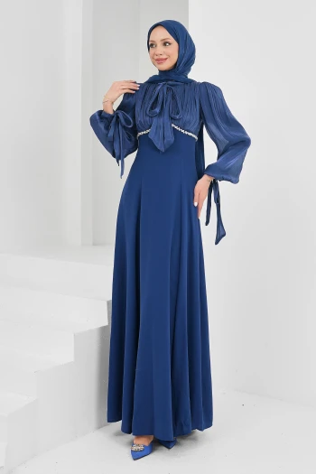 Lacivert Balon Kol Taş Detaylı Abiye