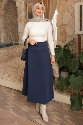 Lacivert Bel Lastikli Scuba Puf Etek