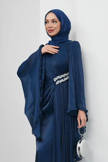 Lacivert Bel Taşlı Şifon Abiye