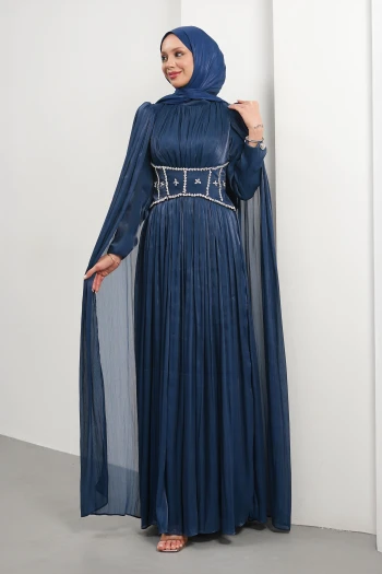 Lacivert Beli Taşlı Pelerinli Piliseli Abiye