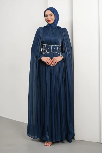 Lacivert Beli Taşlı Pelerinli Piliseli Abiye