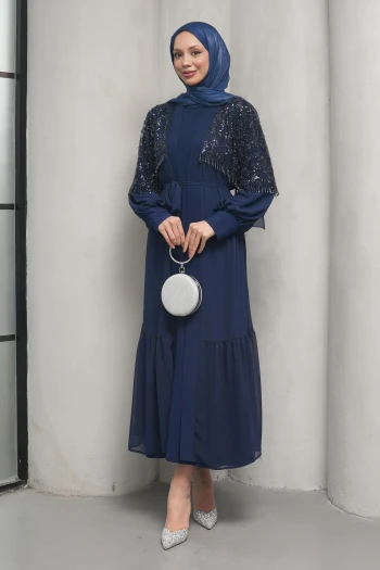 Lacivert Boncuk İşlemeli İkili Abaya Takım