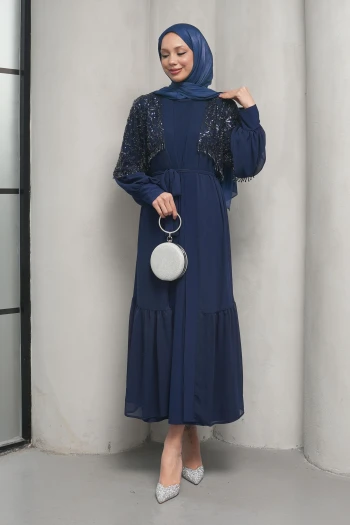 Lacivert Boncuk İşlemeli İkili Abaya Takım