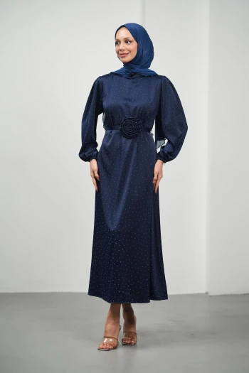 Lacivert Çiçek Kemerli Taşlı Saten Abiye