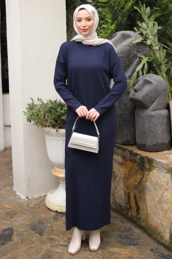 Lacivert Dik Yaka Fitilli Triko Elbise