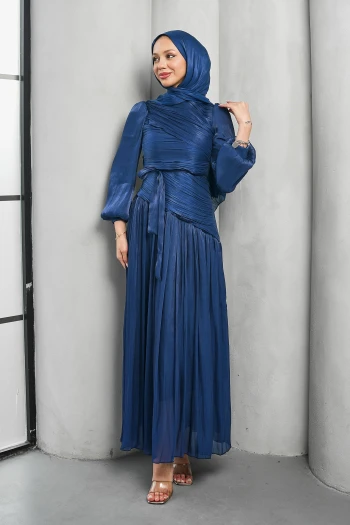 Lacivert Drapeli Piliseli Abiye