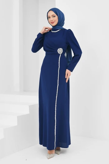 Lacivert Drapeli Taş Detaylı Abiye
