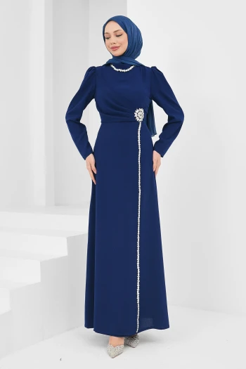 Lacivert Drapeli Taş Detaylı Abiye