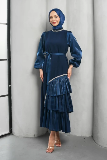 Lacivert Fırfır Detay Organze Taş İşleme Abiye