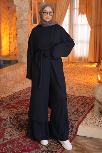 Lacivert Hırka Sweat Pantlonlu Geniş Kalıp 3'lü Modal Takım