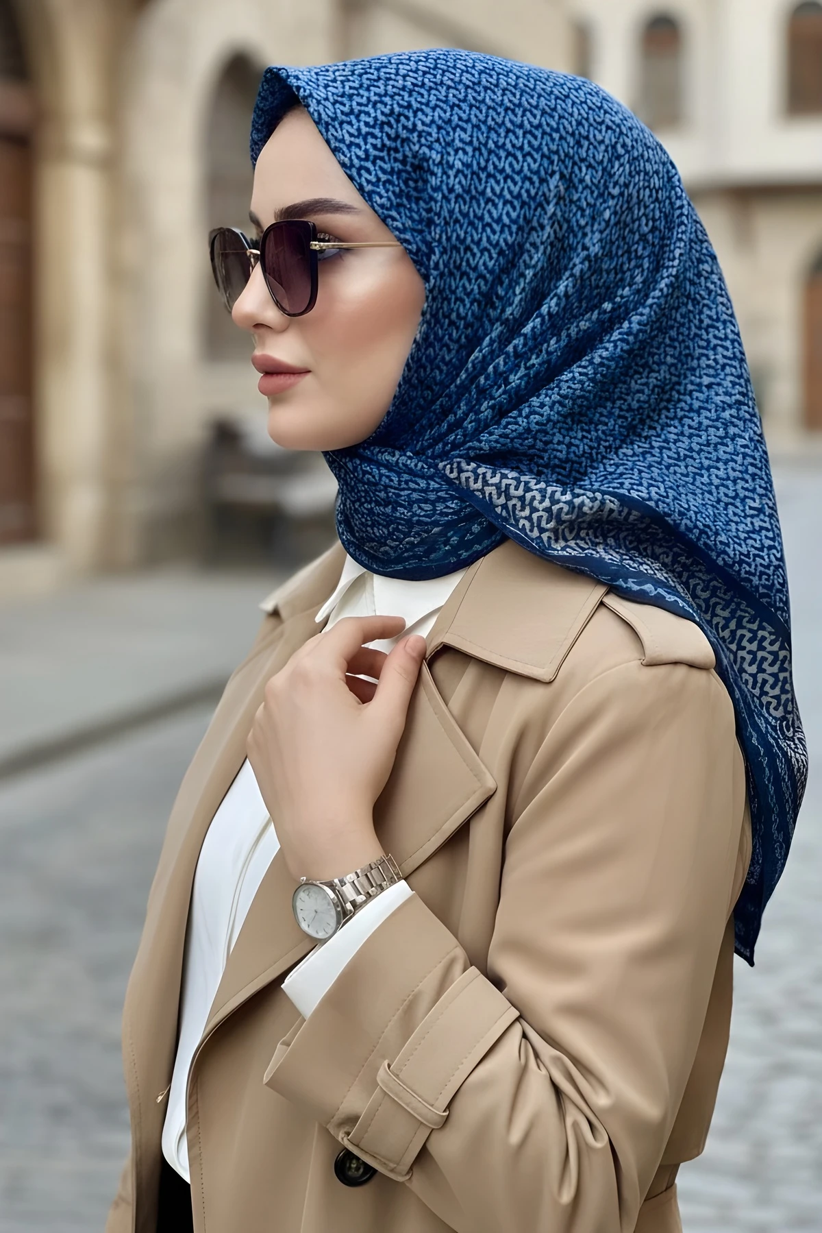 Lacivert İpekhan Soft Dijital Pamuklu Eşarp