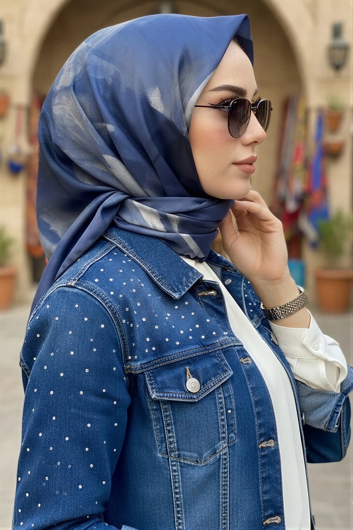 Lacivert İpekhan Soft Dijital Pamuklu Eşarp