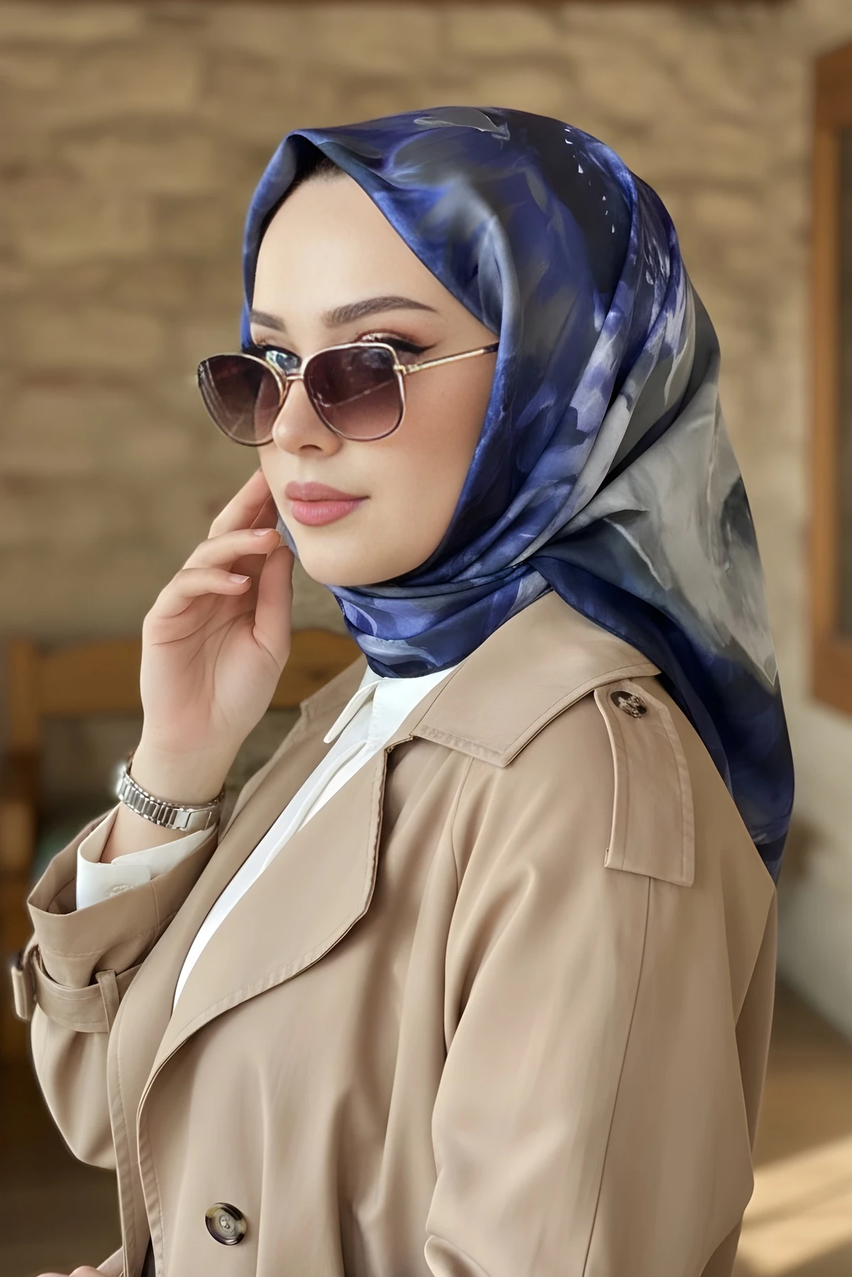 Lacivert İpekhan Soft Dijital Pamuklu Eşarp