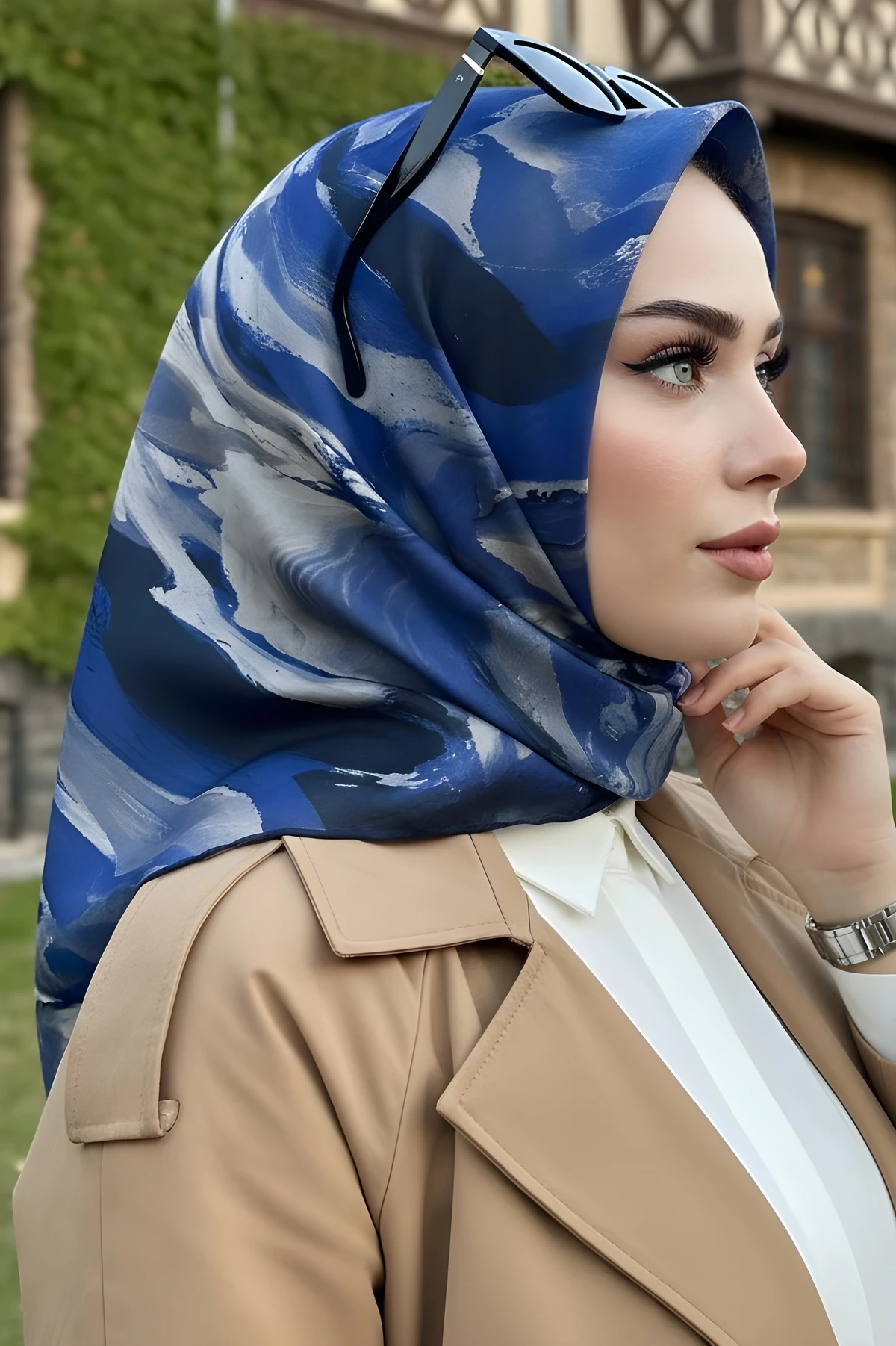 Lacivert İpekhan Soft Dijital Pamuklu Eşarp