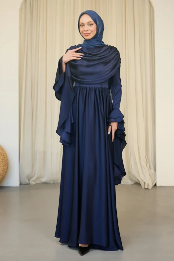 Lacivert Kol Katlı Önü Drapeli Saten Abiye