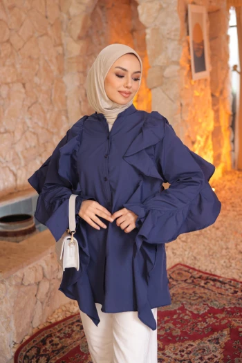 Lacivert Kol Lastikli Fırfırlı Tunik